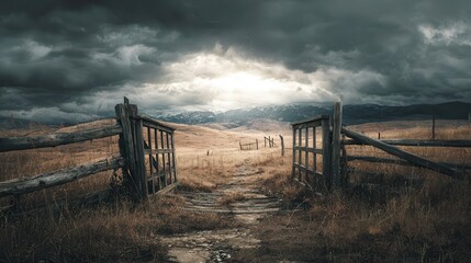 Obraz premium A weathered wooden gate opens to a sunlit vista beyond a rustic fence.