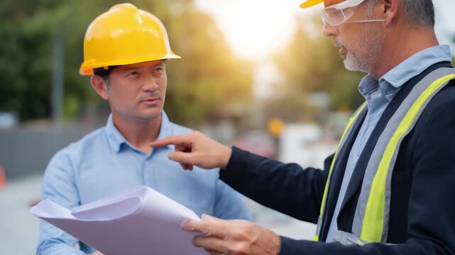 Collaborative Construction: A focused and engaging shot of two construction workers in a construction zone during a collaborative moment, looking at the plan.