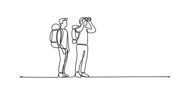 Continuous line drawing of two backpackers standing together with one looking through binoculars. Vector, illustration