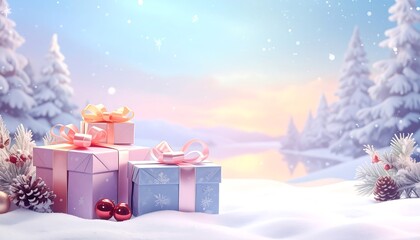 A snowy scene with gift boxes, wintery trees, and a soft, diffused light, evoking a sense of festive cheer and tranquility