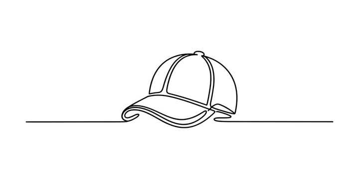 Single continuous line drawing of a baseball cap isolated on a white background. Vector, illustration