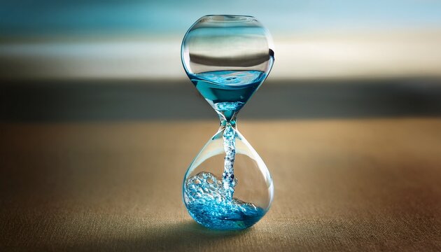 hourglass with water instead of sand flowing calmly time and mindfulness concept