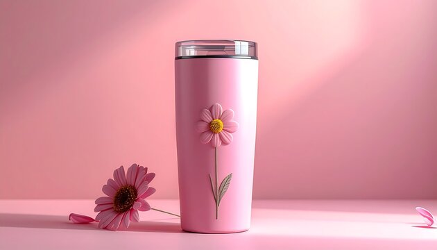 Pink floral insulated tumbler with daisy detail on soft pastel background &mdash; feminine reusable drinkware aesthetic.