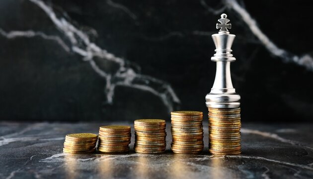 chess piece king standing on coins dark marble background strategy and financial success concep