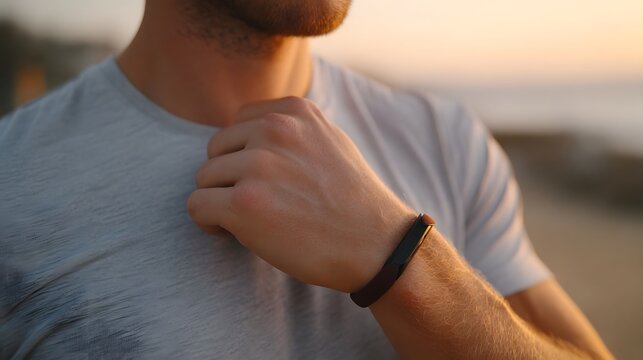 Close up of a man s hand and wrist wearing a sleek dark fitness tracker band set against the warm soft golden hour glow of an outdoor sunset