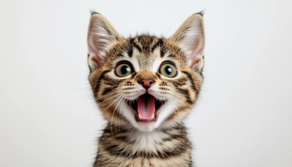 A playful brown tabby kitten with wide eyes and open mouth on a white background.