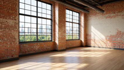 Empty industrial loft with red brick, wooden floor, and large windows with city view ©  Blar Studio