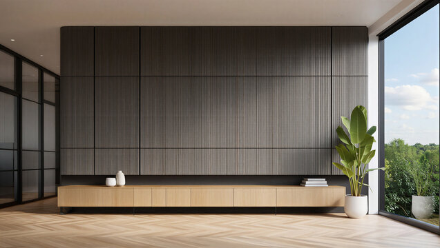 Modern Minimalist Living Room Interior with Dark Textured Wall and Wooden Console by Large Window