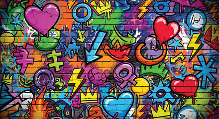 Colorful Graffiti Symbols on Brick Wall