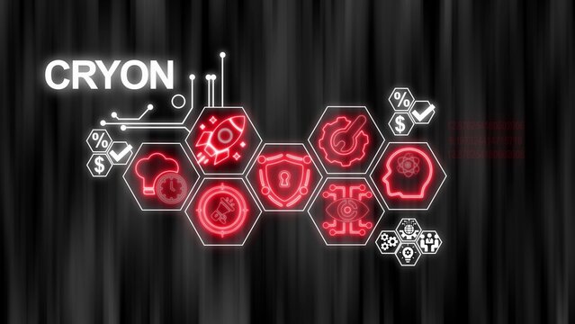 CRYON Digital Interface with Hexagonal Icons Symbolizing Technology, Business, and Innovation CRYON