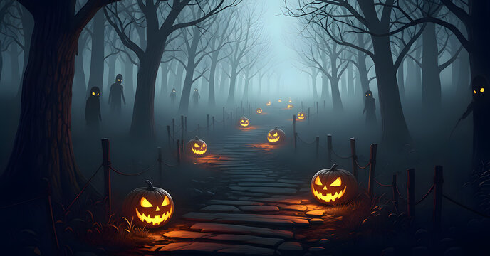 Spooky Halloween forest path with glowing jack-o'-lanterns. Dark haunted woods background with ghosts in mist