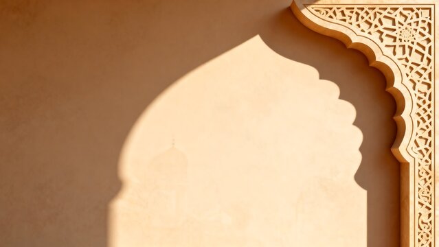 Islamic architectural arch with geometric floral patterns casting shadow on textured concrete wall