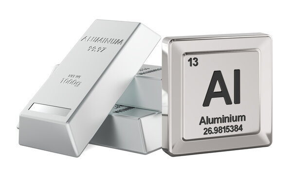 Aluminum ingots with Al periodic table tile element symbol. 3D rendering