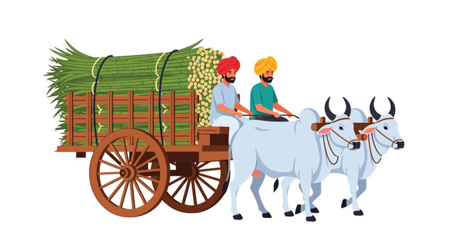 A colorful illustration depicts farmers with a bullock cart loaded with sugarcane showcasing a distinct silhouette high quality professional detailed modern