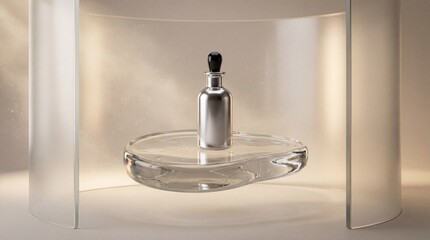 A sleek silver perfume bottle sits on a glass dish within a minimalist display case with soft beige background.