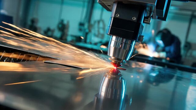Industrial CNC laser cutting machine head slicing through a steel metal plate with bright sparks and reflections, precision automated manufacturing process in a factory.