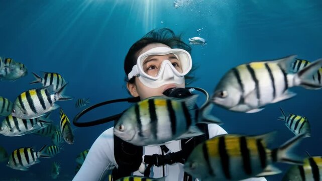 Underwater view of a young woman scuba diving in the clear blue ocean surrounded by a school of sergeant major fish, adventurous summer vacation and marine life exploration.