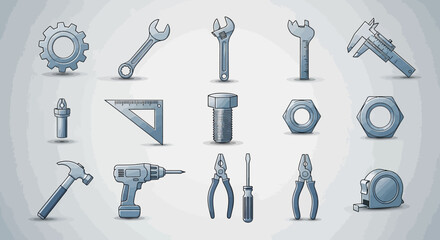 Obraz premium Tools Collection: Gear, Wrenches, Hammer, Drill, Pliers