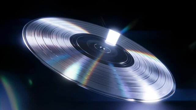 Abstract 3D animation of a spinning silver vinyl record with holographic rainbow reflections on a dark background, representing high fidelity audio, music technology, and DJ culture.