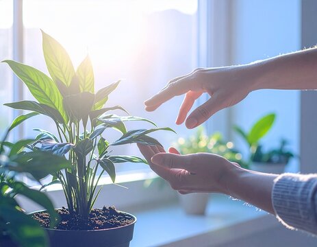 Detalle de manos tocando una planta en interior luminoso, luz natural suave, enfoque selectivo, tonos c&aacute;lidos