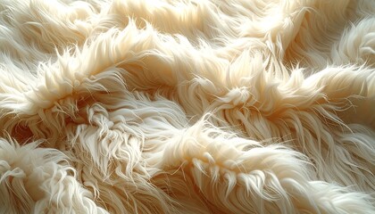 Close-up of fluffy, creamy, textured fibers creating a soft, warm surface. The light highlights the volume, creating a sense of comfort