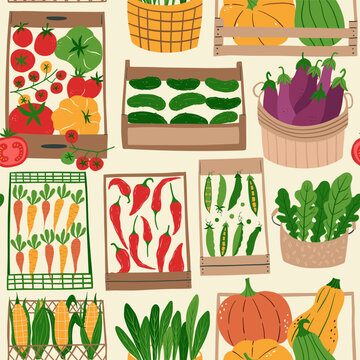 Seamless pattern with wooden crates of fresh farmers market vegetables including tomatoes, carrots, peppers, peas, pumpkins, corn and leafy greens in rustic farm style. For kitchen towels, tablecloths