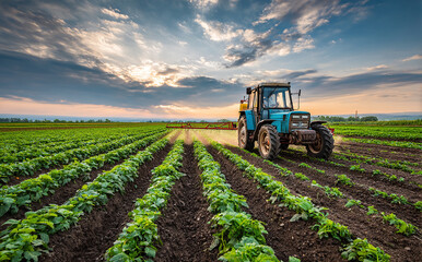 Obraz premium Tractor sprays organic pesticide on crop field during sunset in rural farmland