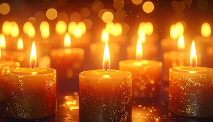 Close-up of lit orange candles, soft focus on background lights. Bokeh effect adds depth to this warm, inviting scene