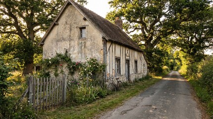 Old countryside cottage with wooden fence on rural road surrounded by trees and greenery