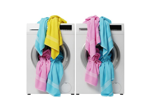 two minimalist white washing machines overflowing with fluffy pastel terry cloth towels, high-key studio lighting, isolated on transparent background. Concept for home appliance advertising