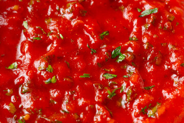 Tomato sauce with fragrant herbs background, ideal for culinary presentations, detailed view. Close up shot. Copy space. Top view. © annapustynnikova