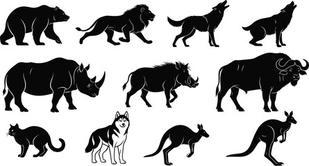 Wild animal silhouettes vector illustration set with bear lion wolf rhino buffalo kangaroo isolated on white background © Rabbi creatives