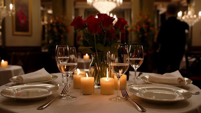 Elegant fine dining table setting with red roses wine glasses and candlelight dinner for two