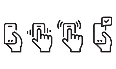 Obraz premium Mobile Interaction Series: Depicting a series of hand gestures on a smartphone, this graphic resource illustrates common interactions like tapping, swiping, and confirming actions.