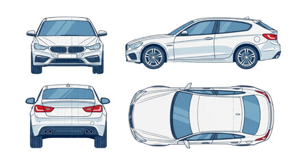 Obraz premium Detailed vehicle autocad blueprint illustration showing multiple views of a modern car from various angles and perspectives for design purposes