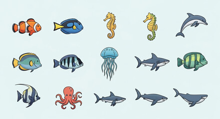 Collection of diverse marine life and sea creatures. © Reva