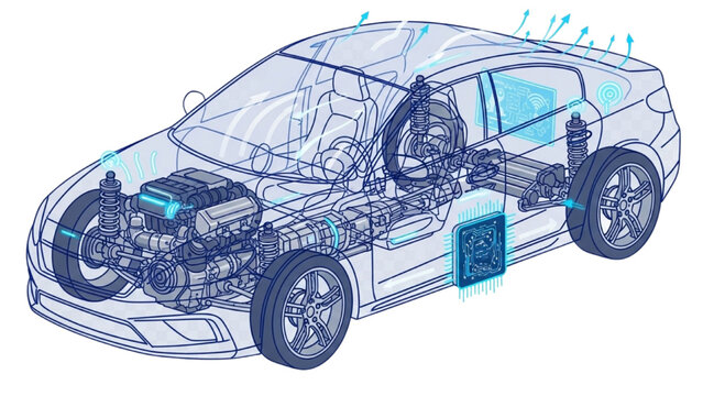Detailed vehicle autocad blueprint diagram showing internal combustion engine components and transmission system in a modern car from a three-quarter view