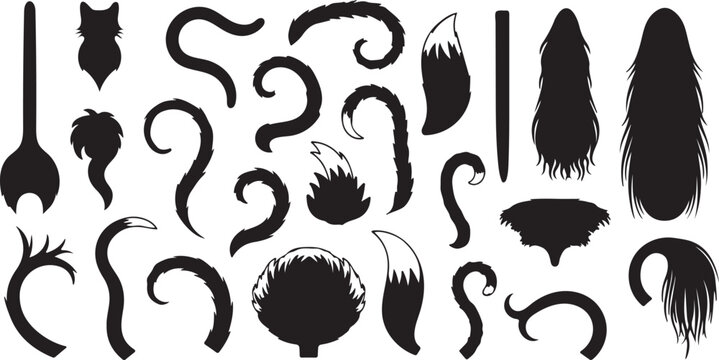 Collection of black silhouette graphics featuring various stylized animal tails, hair tufts, and furry attachments