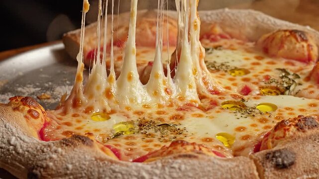 Close Up of Cheese Pizza with Melting Cheese Strings