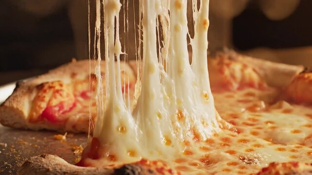 Close Up of Cheese Pizza with Melting Cheese Strings