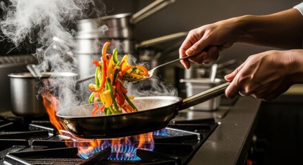Chef Saut&eacute;ing Vegetables in Large Pan with High Flames Over Gas Stove in Professional Kitchen