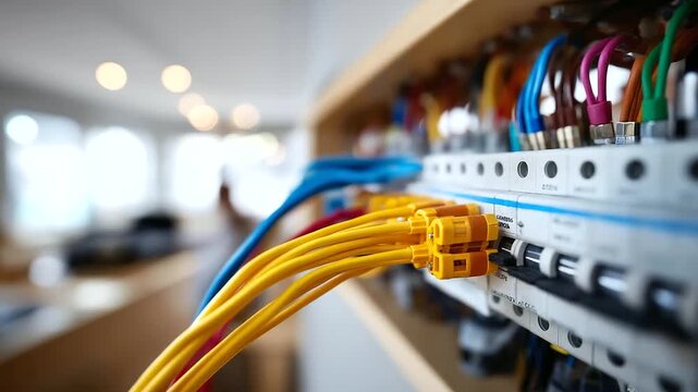 Electrical installation assembly setup heavily defocused background residential wiring configuration home power system infrastructure electrical equipment installation with