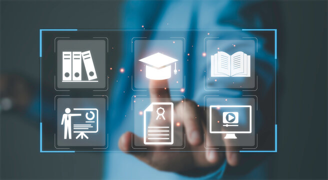 E- learning platform, education digital courses, academic certification, remote training, knowledge management, and modern distance learning technology. Person with online education interface icons.