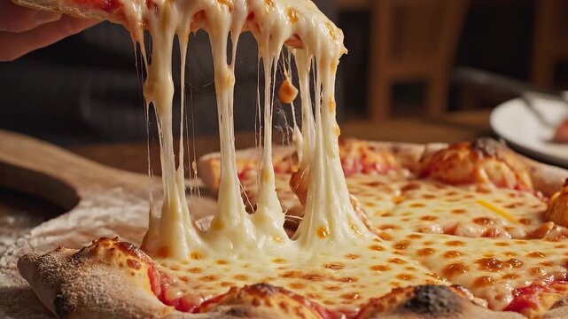 Close Up of Cheese Pizza with Melting Cheese Strings