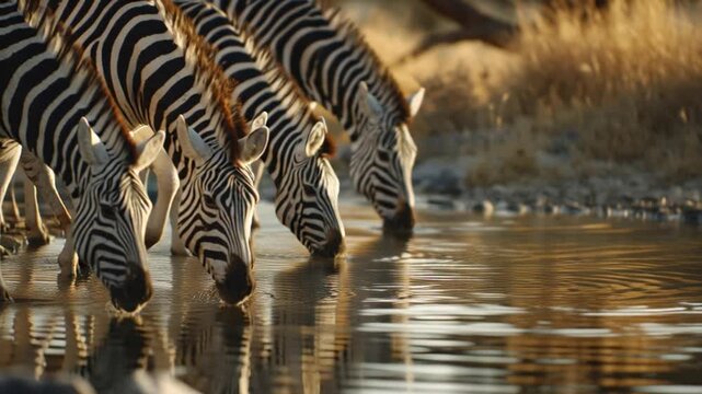 Zebras Drinking Water from a Serene River in the Wild