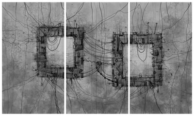 Modern interior triptych. The picture is painted by hand on a tablet. © neurostructure