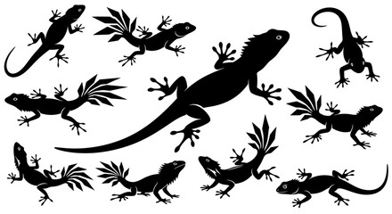 Collection of lizard silhouettes in various poses and sizes, showcasing different species and movements, vector illustration, white background, multiple viewpoints