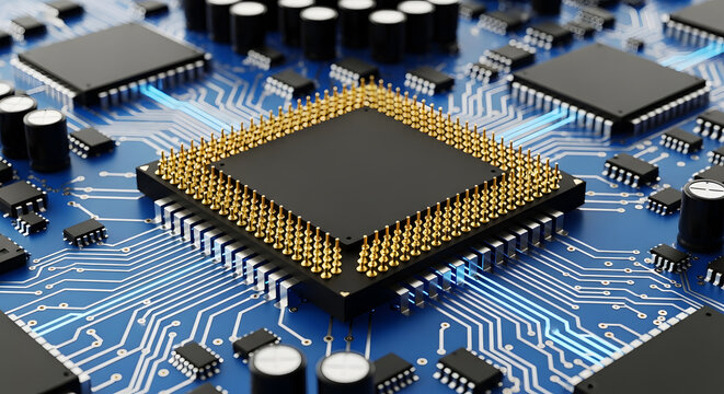 Close up of a black computer processor with gold pins on a blue circuit board technology