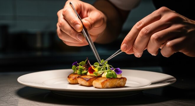 Professional Chef Adding Final Touches to Exquisite Dish with Precision and Care