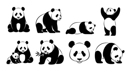Collection of panda illustrations in various poses and actions, showcasing different emotions and behaviors
